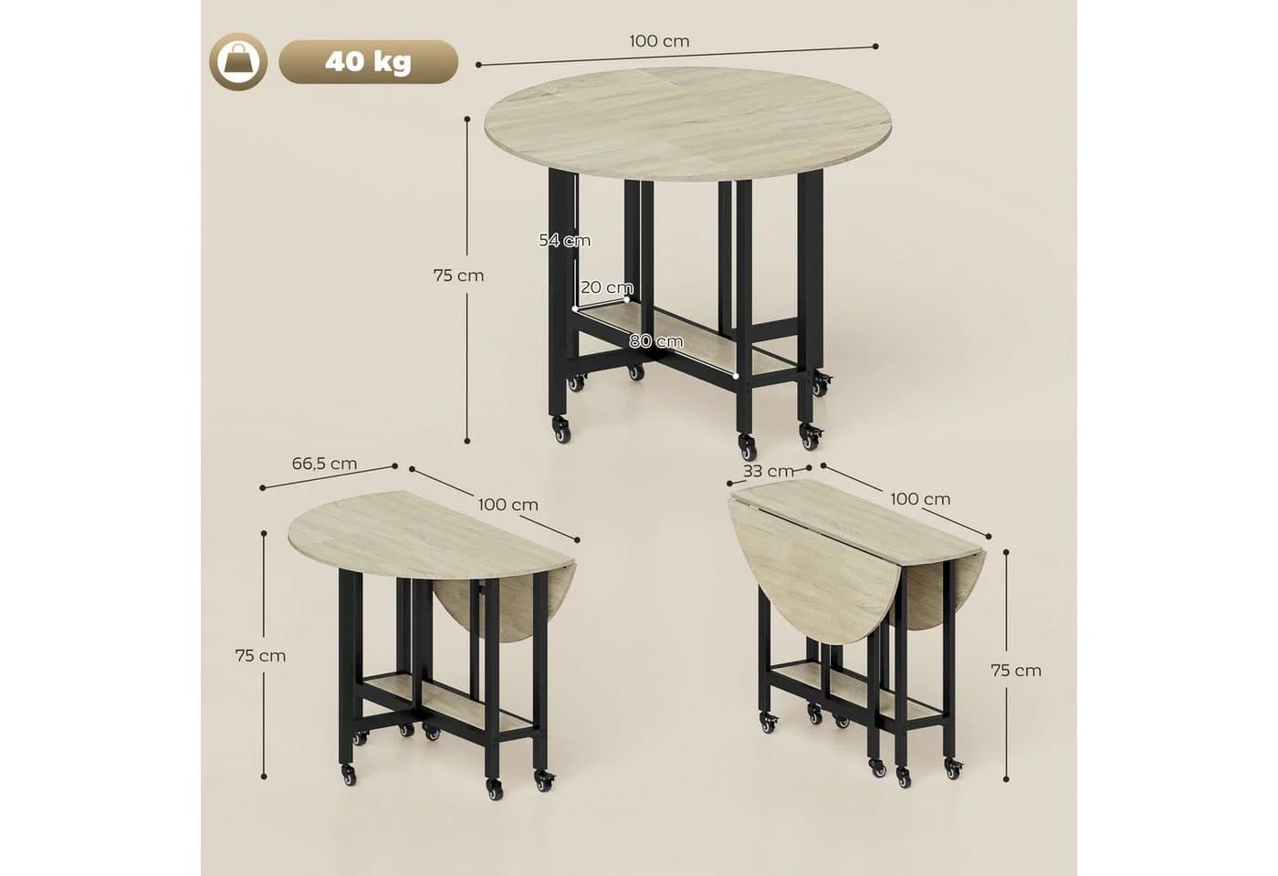 HOMCOM Klapptisch Runder Küchentisch Ablage Beige - Bild 3