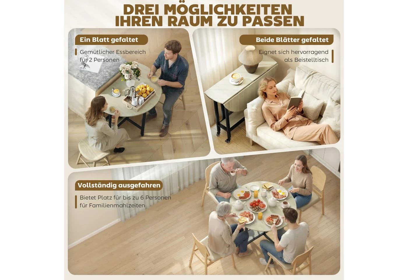 HOMCOM Klapptisch Runder Küchentisch Ablage Beige - Bild 4