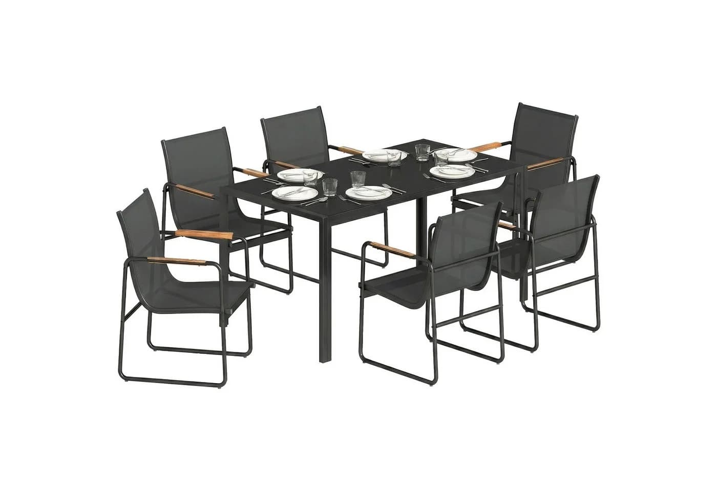 Outsunny Garten-Essgruppe 7-tlg. Schwarz mit Glastisch