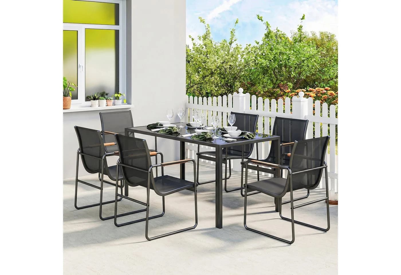 Outsunny Garten-Essgruppe 7-tlg. Schwarz mit Glastisch - Bild 2