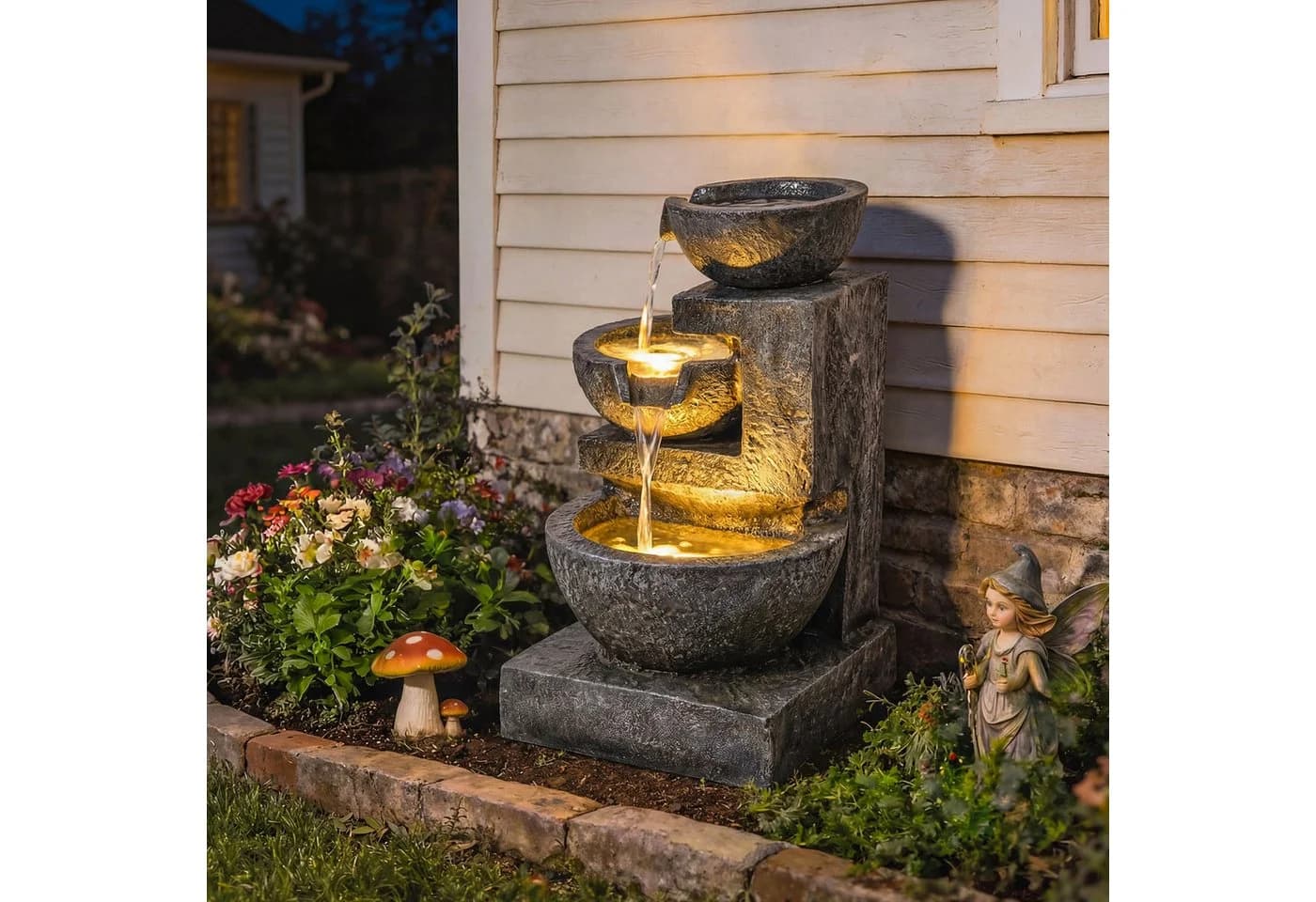Outsunny Gartenbrunnen Grau LED Beleuchtung Steinoptik - Bild 2