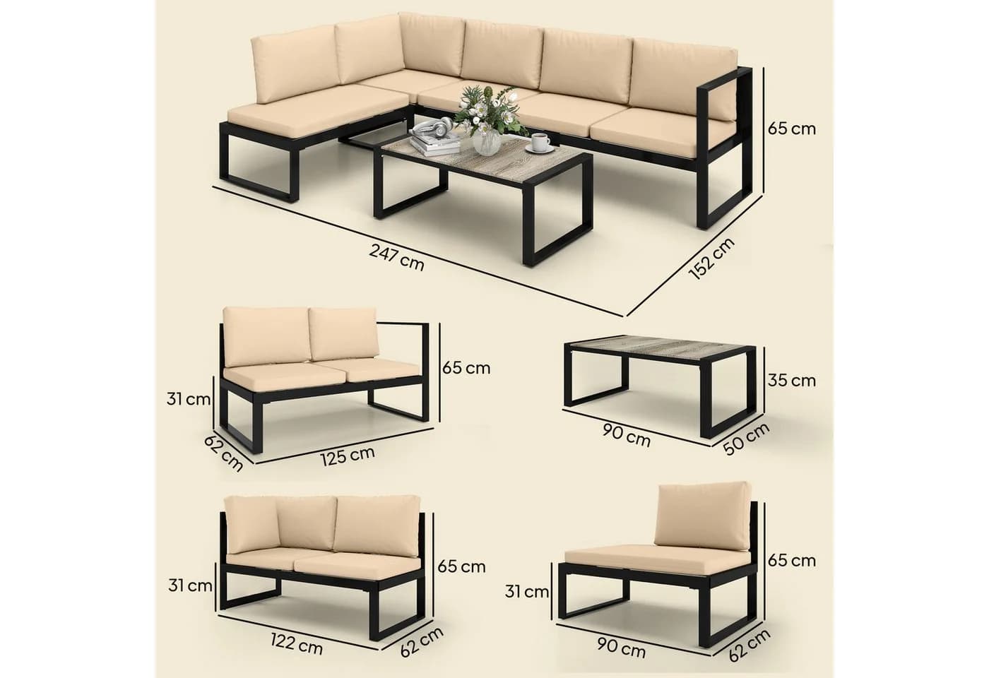 Outsunny Gartenlounge-Set 4-tlg. Schwarz/Grau/Khaki - Bild 3