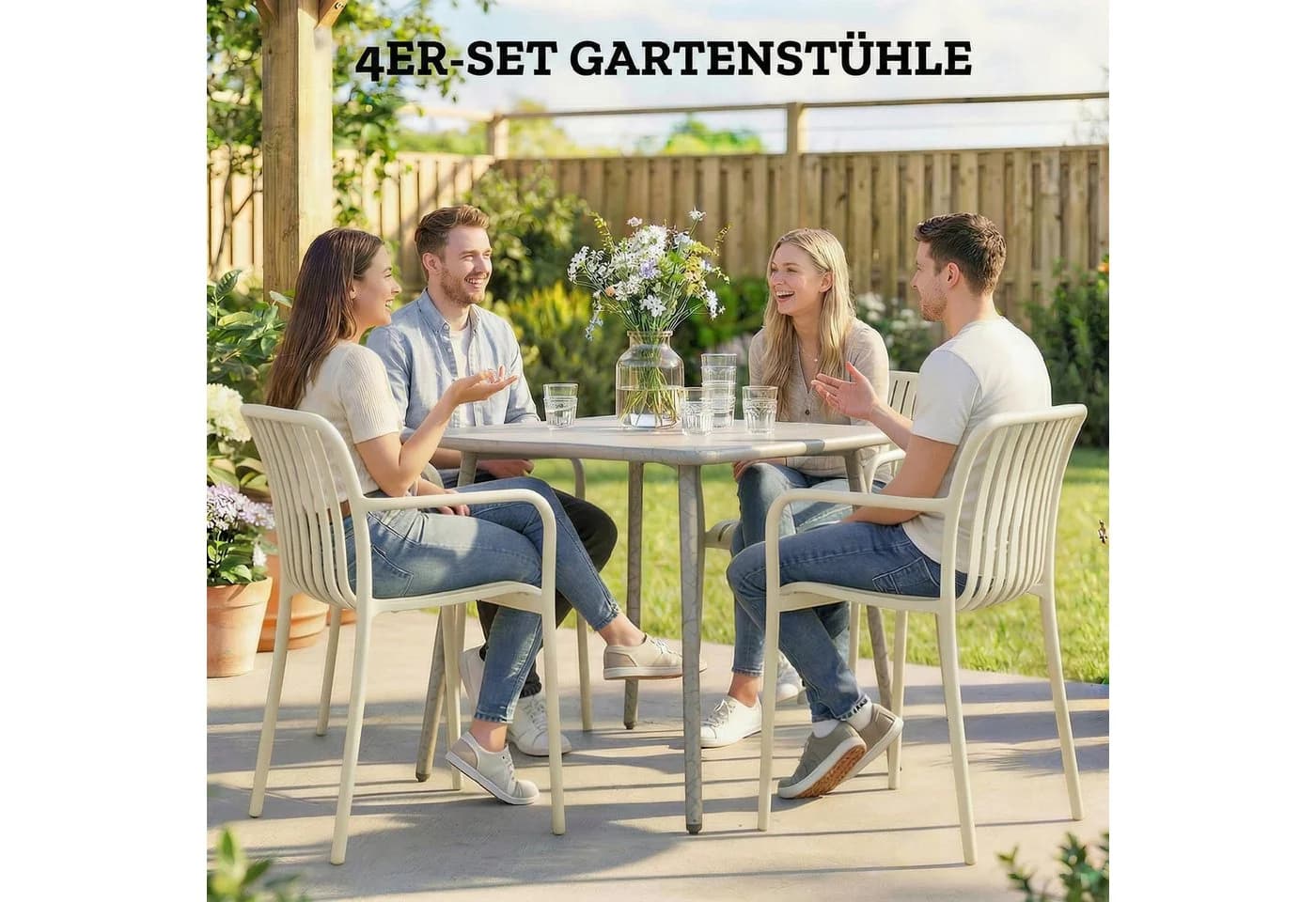 Outsunny Gartenstuhl 4er Set Cremeweiß Kunststoff Stapelbar - Bild 4