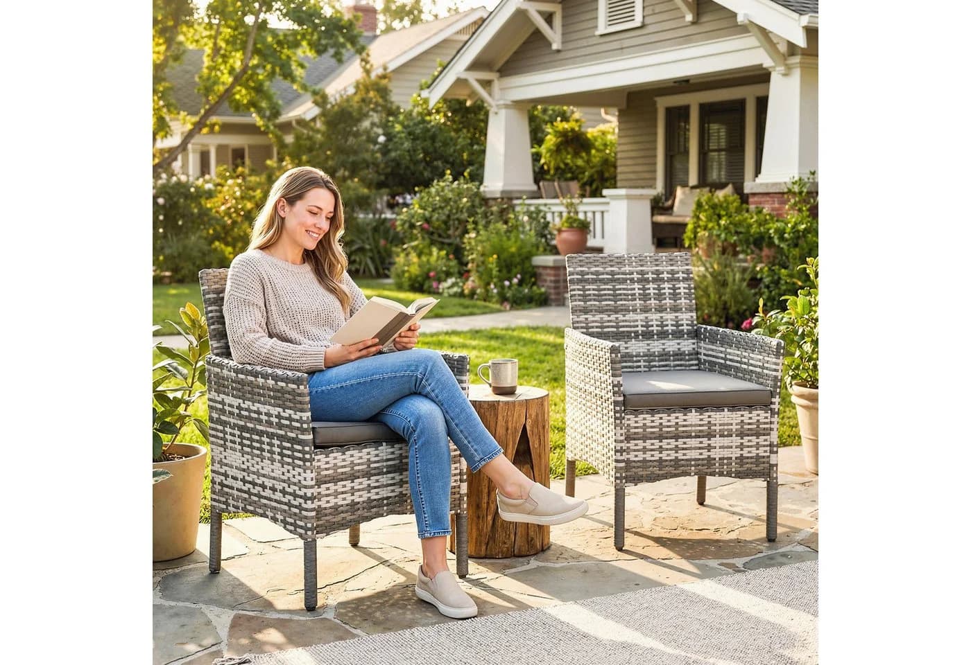 Outsunny Gartenstuhl 2er Set Grau PE-Rattan Stahlrahmen - Bild 2
