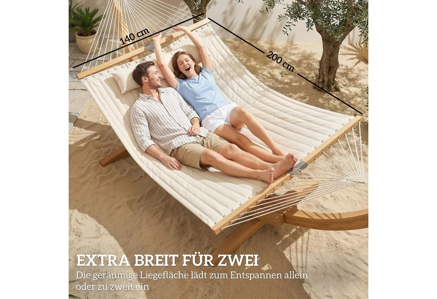 Outsunny Hängematte Doppelhängematte mit Kopfstütze und Magazintasche Cremeweiß - Bild 5