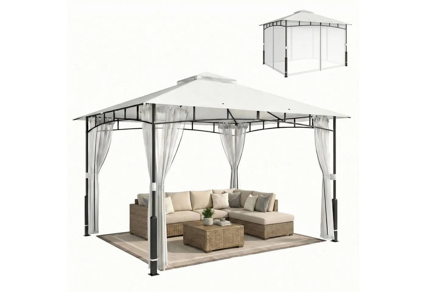 Outsunny Gartenpavillon Schwarz mit Moskitonetz und Doppeldach