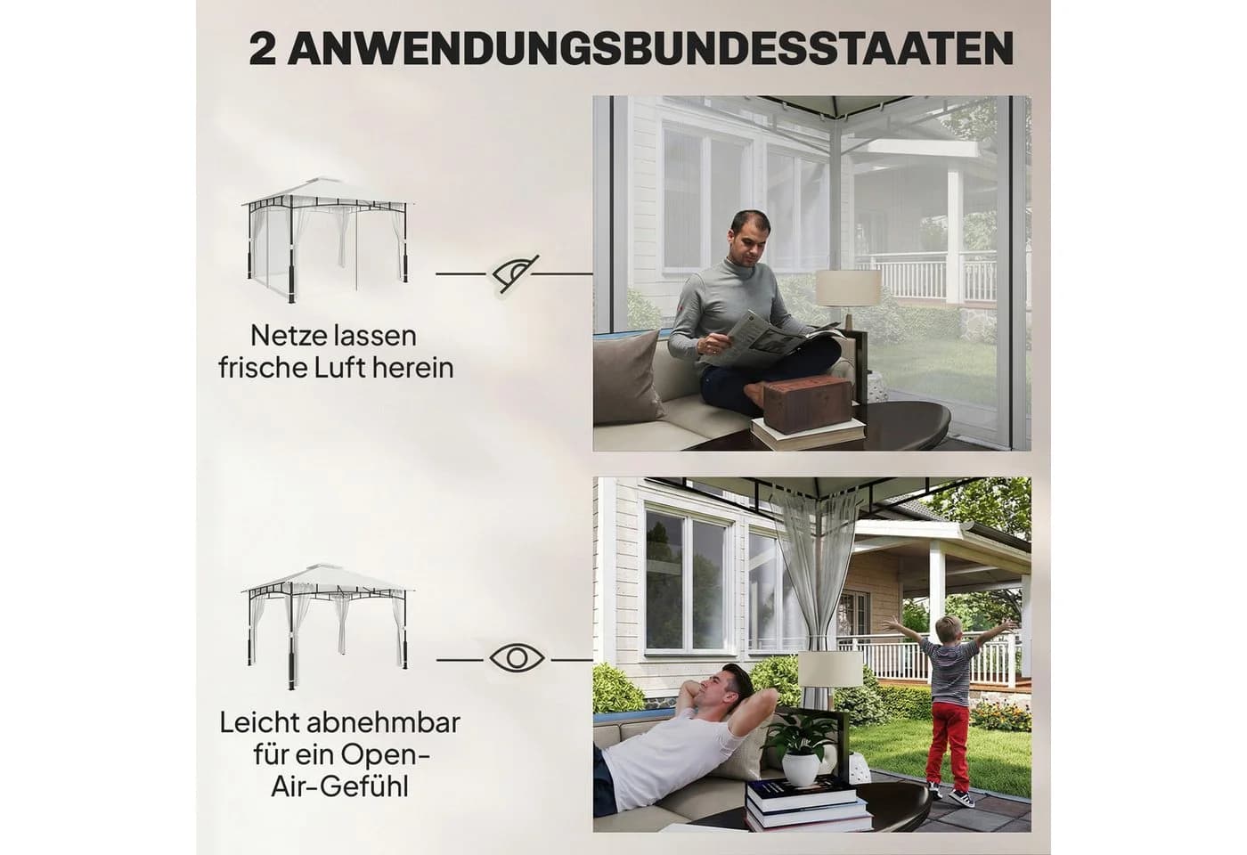 Outsunny Gartenpavillon Schwarz mit Moskitonetz und Doppeldach - Bild 5