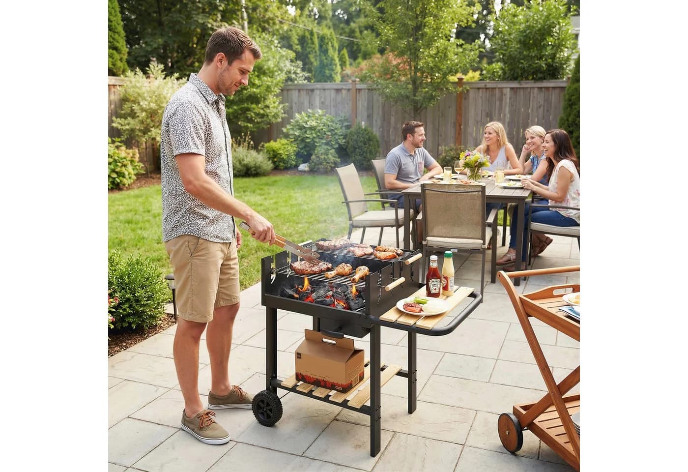 Outsunny Holzkohlegrill mit höhenverstellbarem Grillrost und Holzablagen - Bild 2