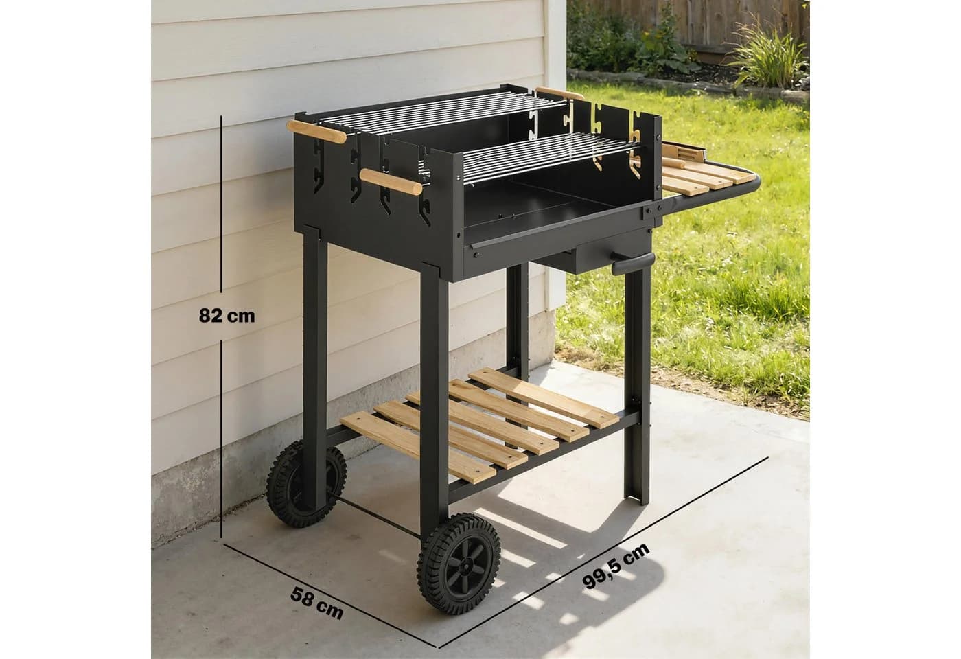 Outsunny Holzkohlegrill mit höhenverstellbarem Grillrost und Holzablagen - Bild 3