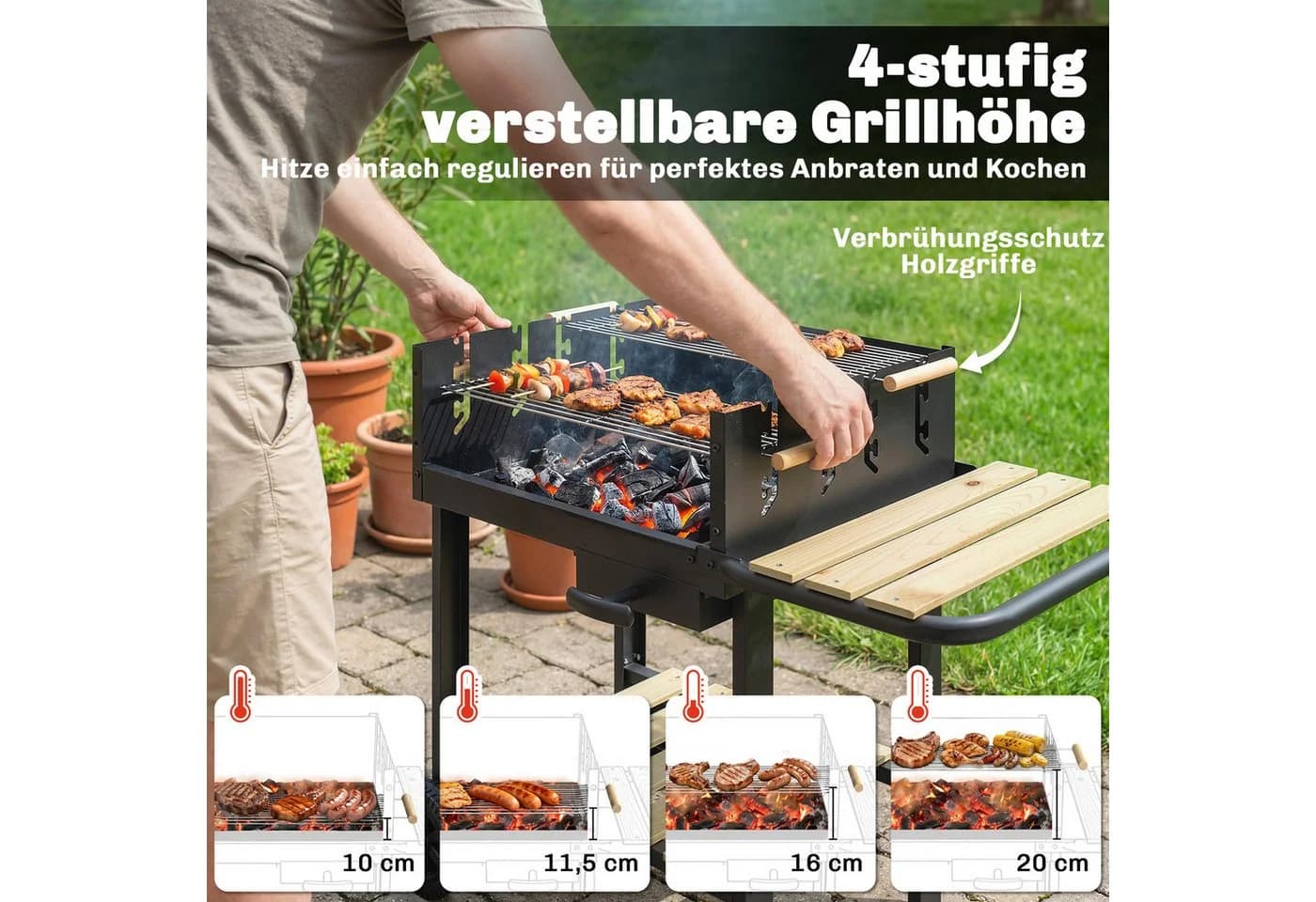 Outsunny Holzkohlegrill mit höhenverstellbarem Grillrost und Holzablagen - Bild 5
