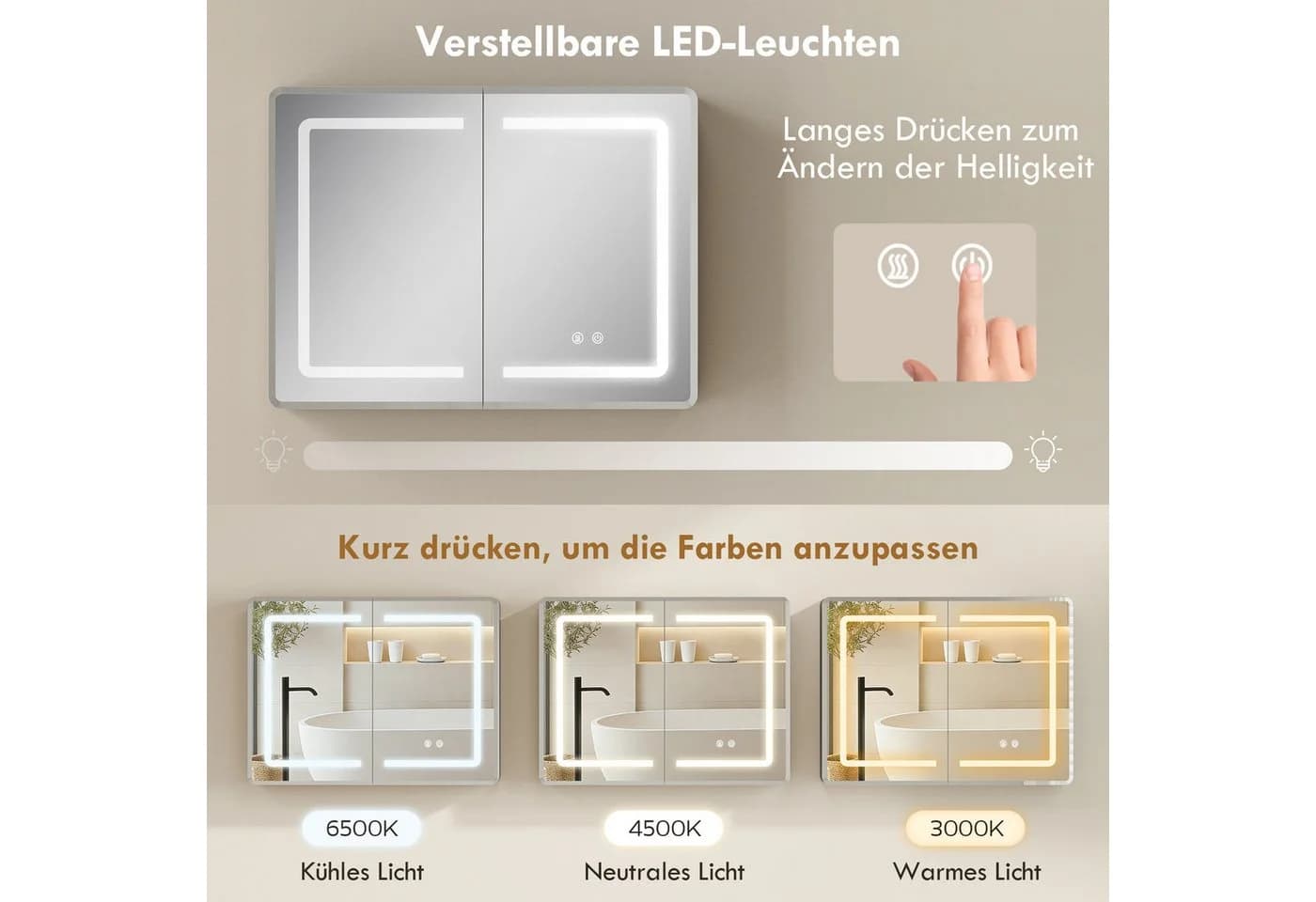 HOMCOM Spiegelschrank mit LED-Beleuchtung und Entnebelung Silber - Bild 5