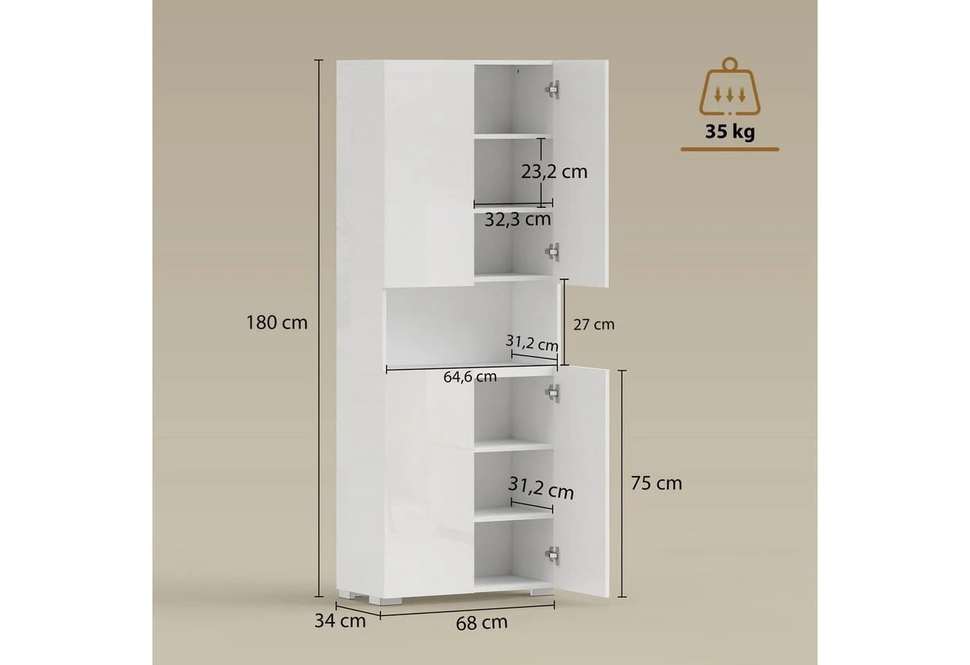 HOMCOM Küchenbuffet Hochglanz Weiß Soft-Close Sideboard - Bild 3