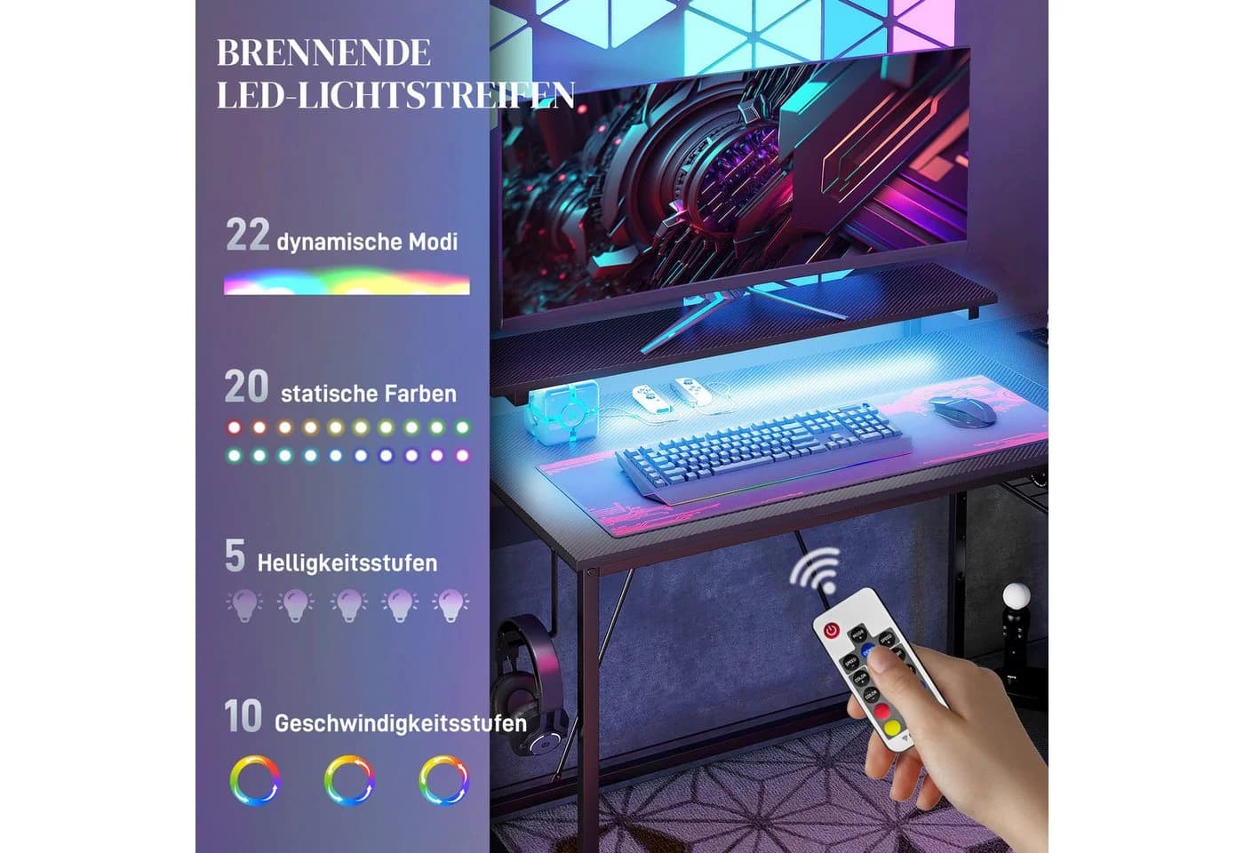 HOMCOM Computertisch Reversible Gaming Tisch mit LED & Steckdosen - Bild 4