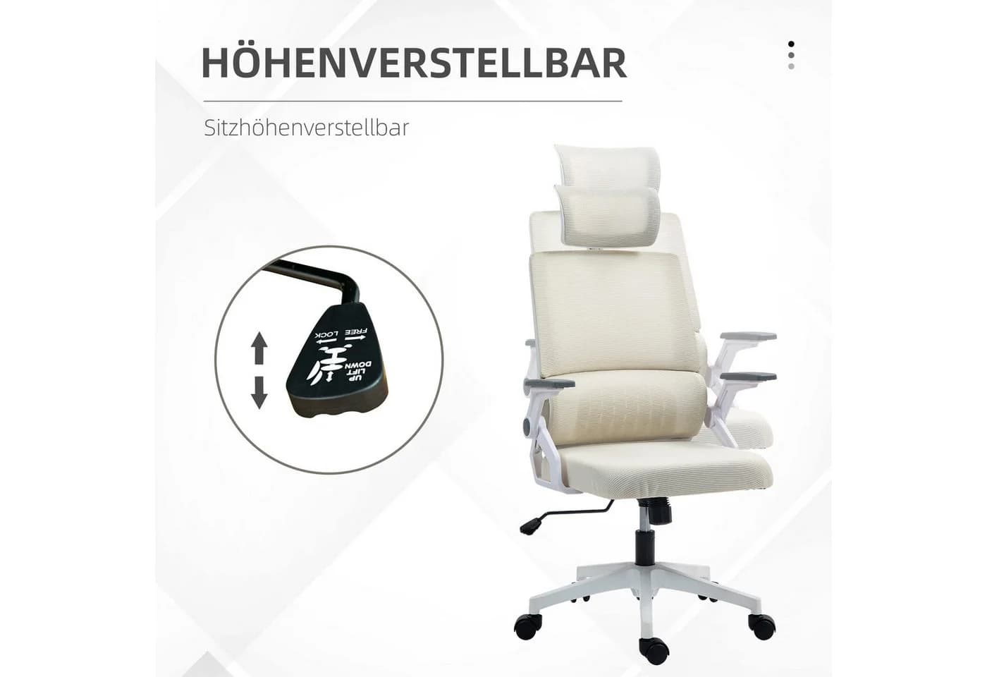 Vinsetto Bürostuhl Ergonomisch mit Kopfstütze & Wippfunktion Beige - Bild 4