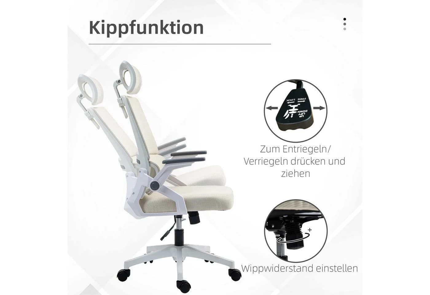 Vinsetto Bürostuhl Ergonomisch mit Kopfstütze & Wippfunktion Beige - Bild 5