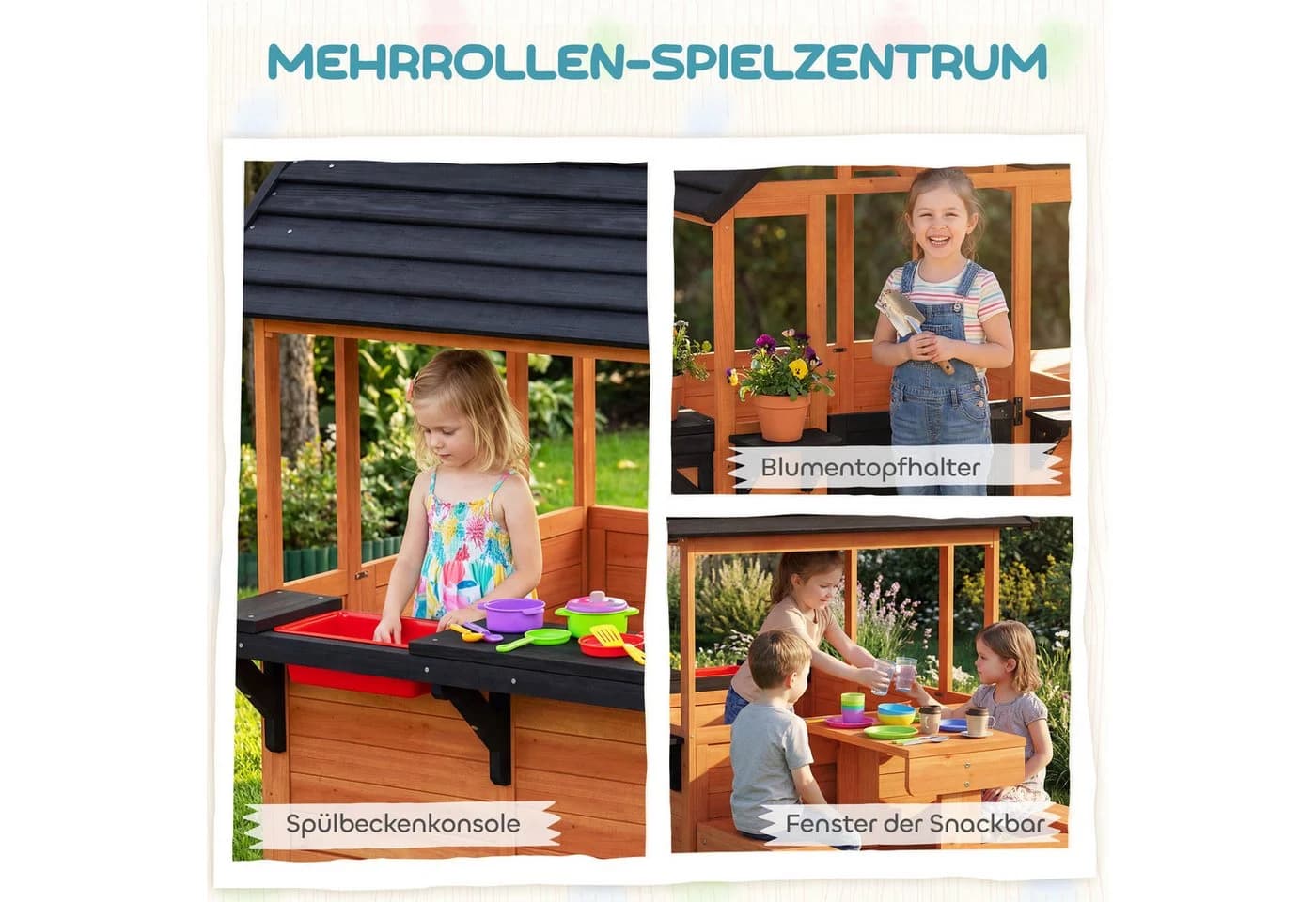 AIYAPPLAY Spielhaus Gartenhaus Holz mit Spülstation Hellbraun - Bild 4