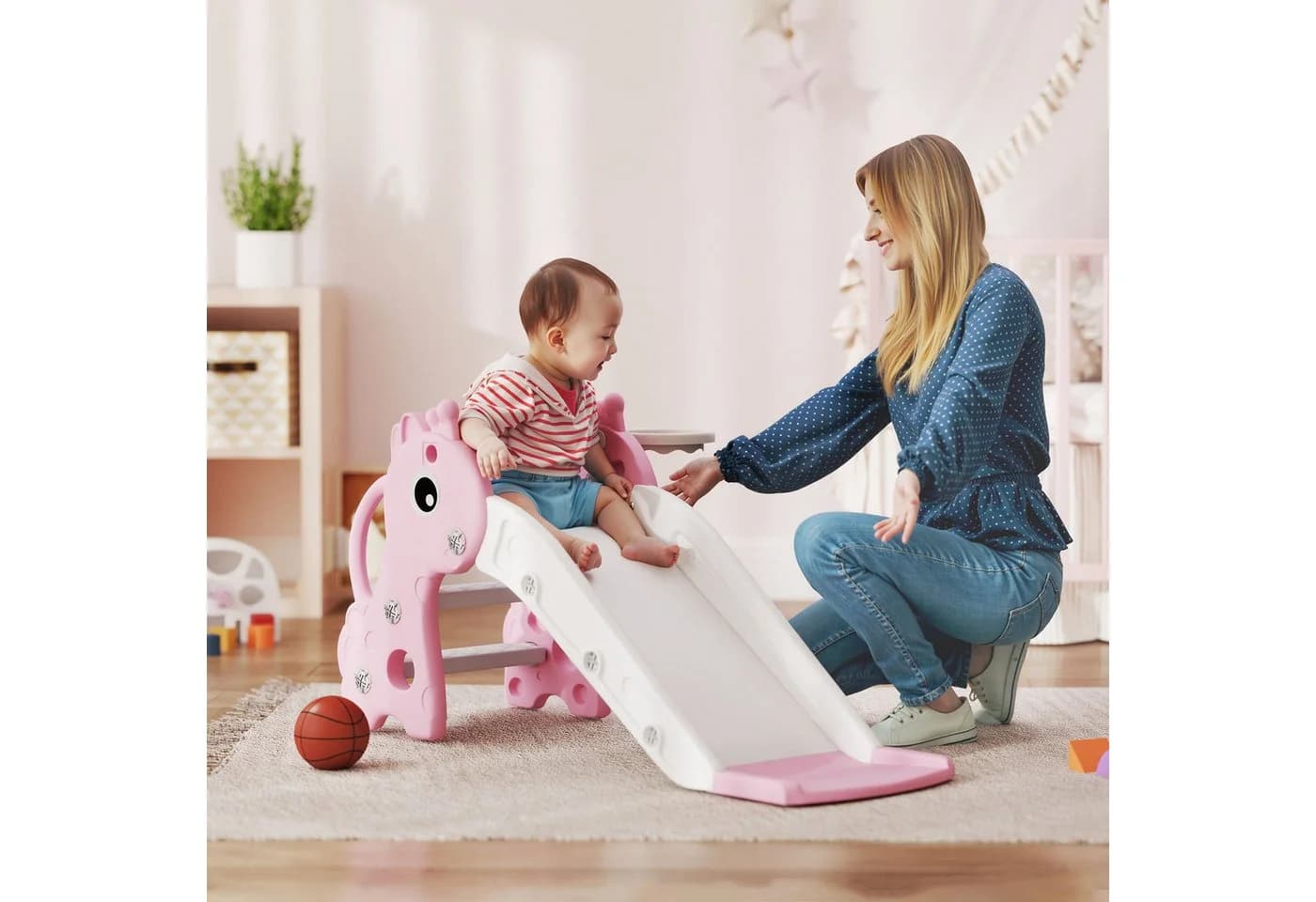 AIYAPPLAY Kinder-Rutsche Rosa mit Basketballkorb - Bild 2