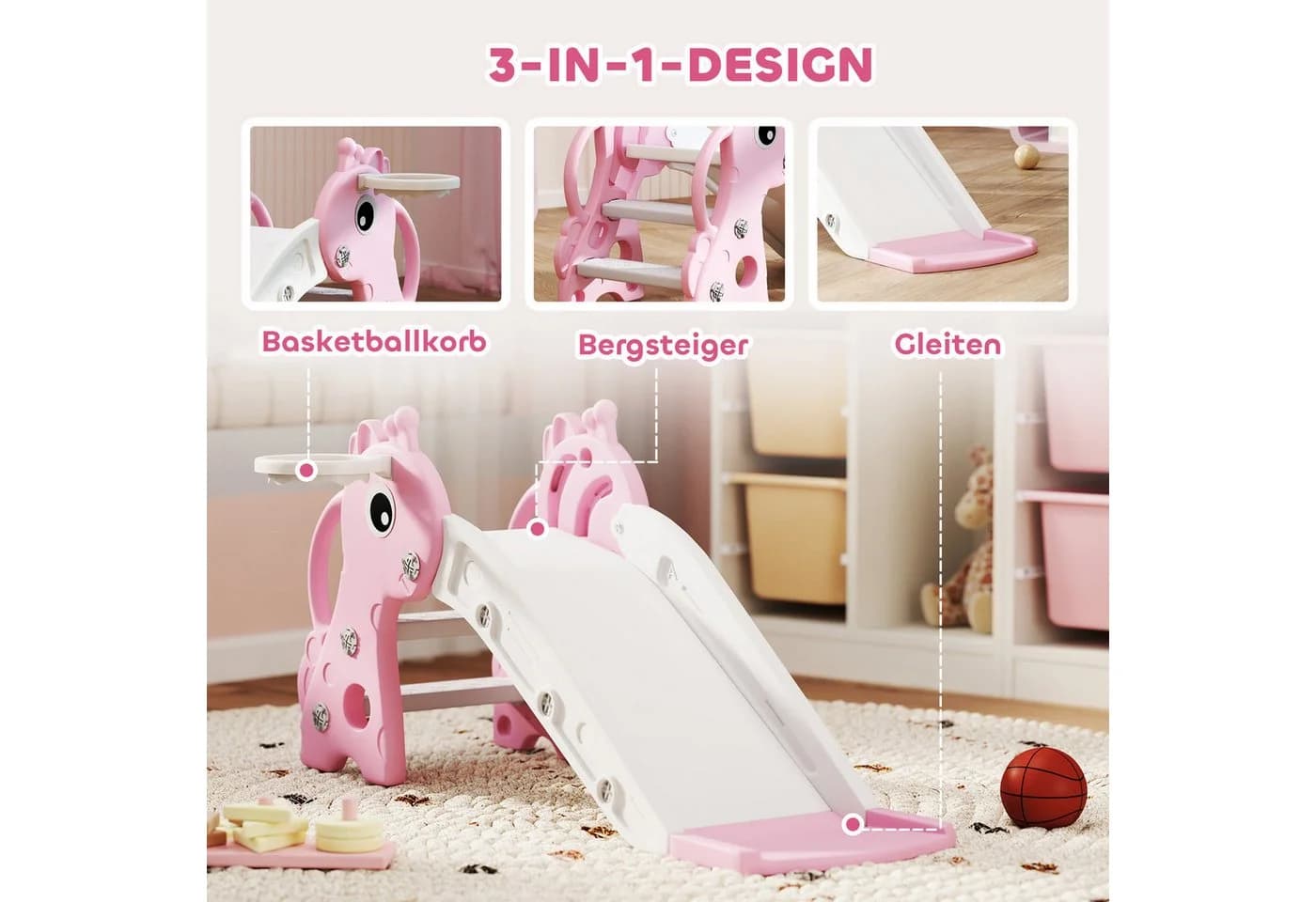 AIYAPPLAY Kinder-Rutsche Rosa mit Basketballkorb - Bild 4