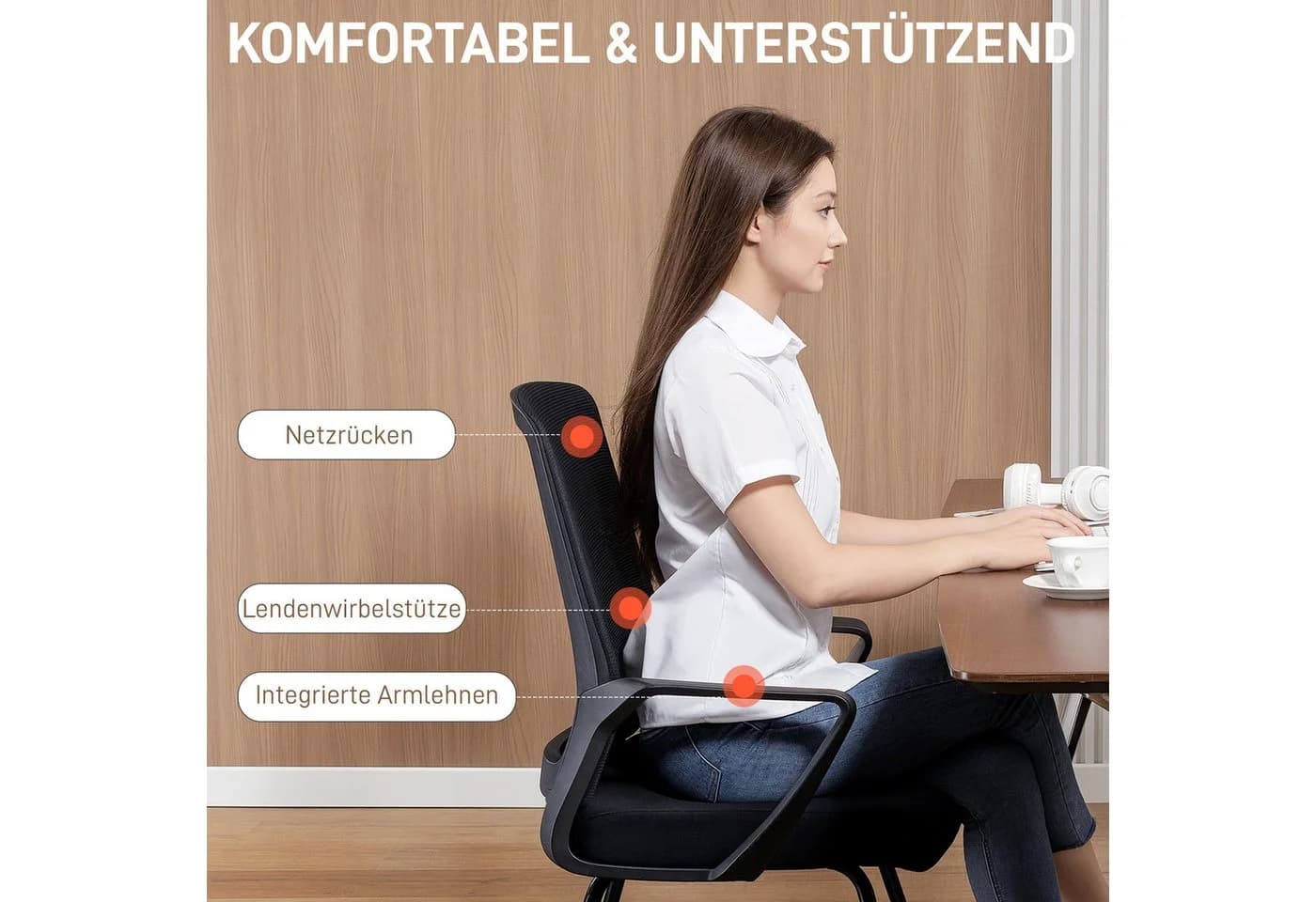 HOMCOM Besucherstuhl Schwarz mit Lendenwirbelstütze und Netzrückenlehne - Bild 4