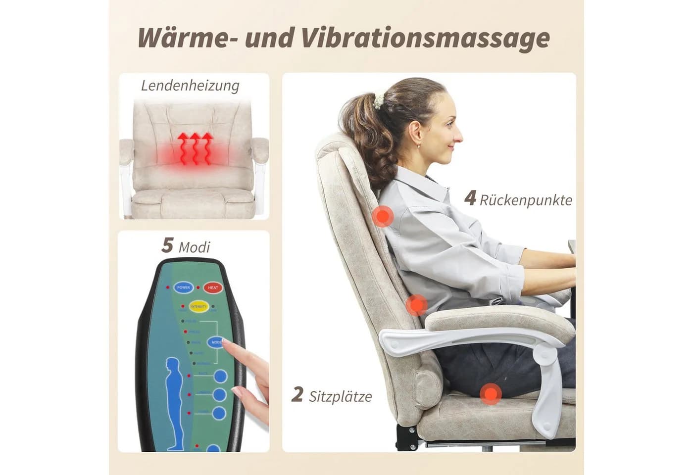 Vinsetto Bürostuhl mit Massagefunktion und Wärmefunktion, höhenverstellbar, weiß - Bild 4
