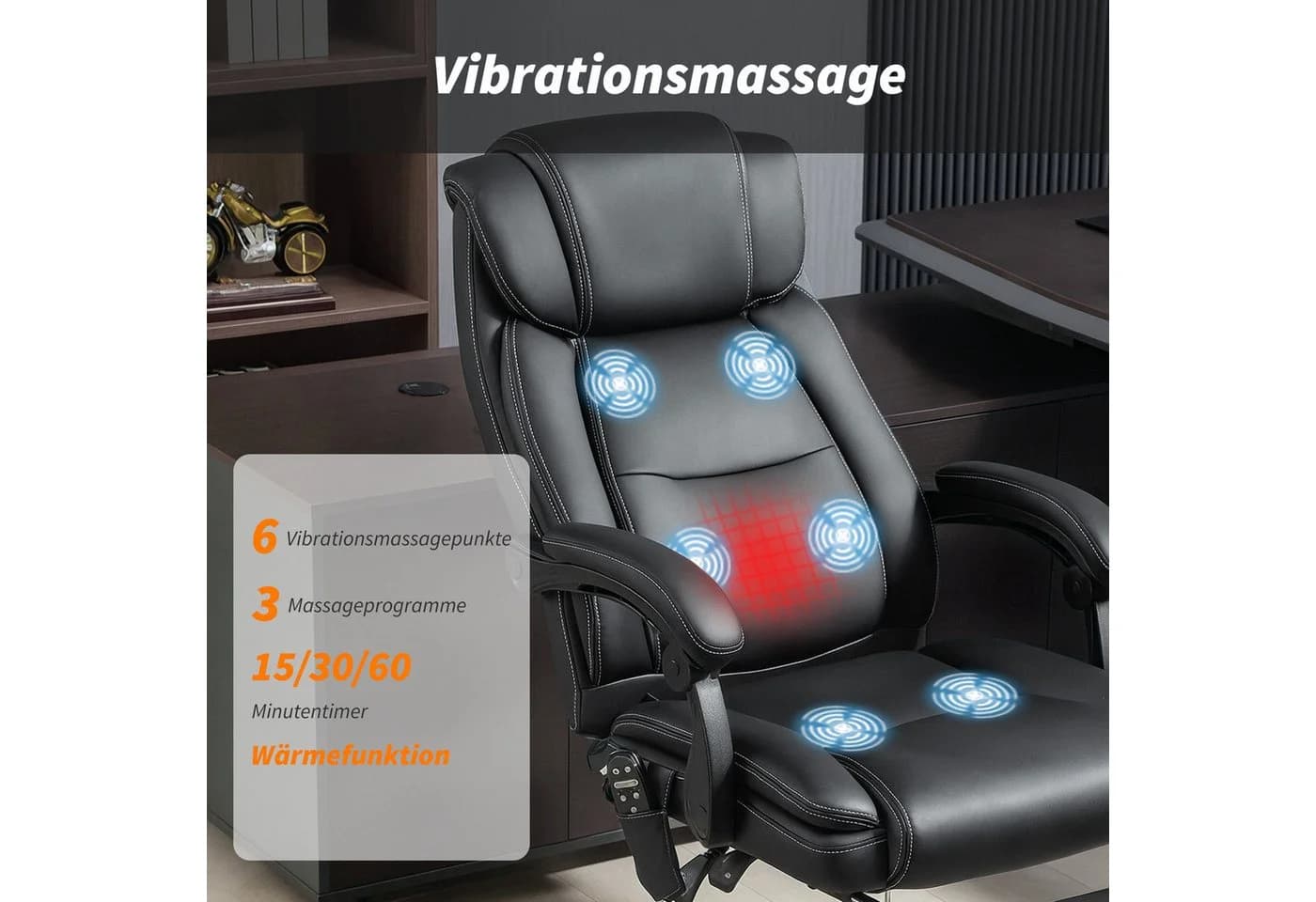 HOMCOM Bürostuhl mit Massagefunktion, Heizfunktion & Fußstütze Schwarz - Bild 4
