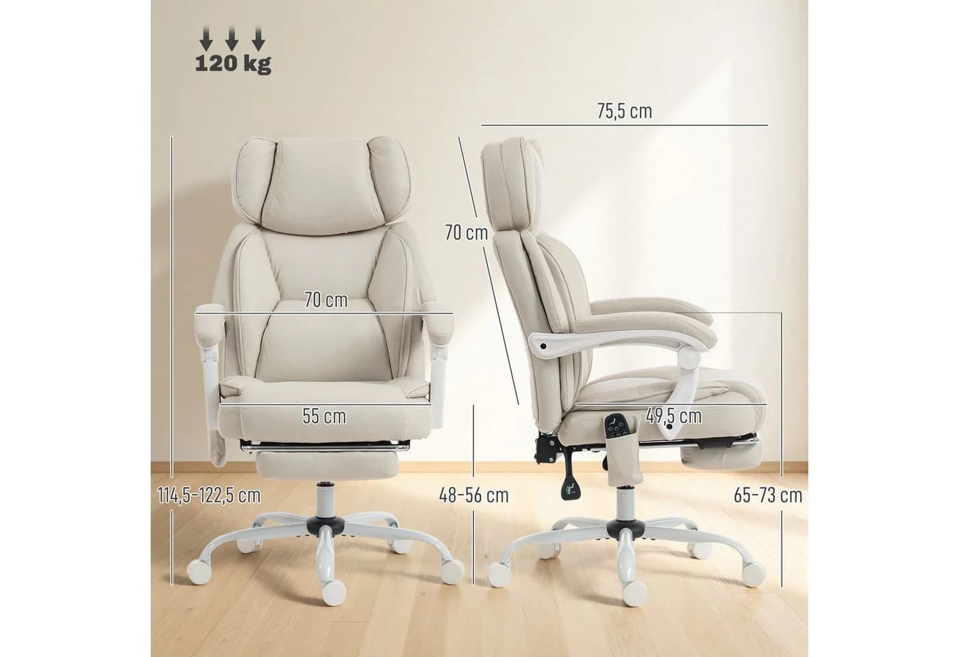 HOMCOM Schreibtischstuhl Ergonomisch Bürostuhl 6-Punkt-Massage Heizfunktion Weiß - Bild 3