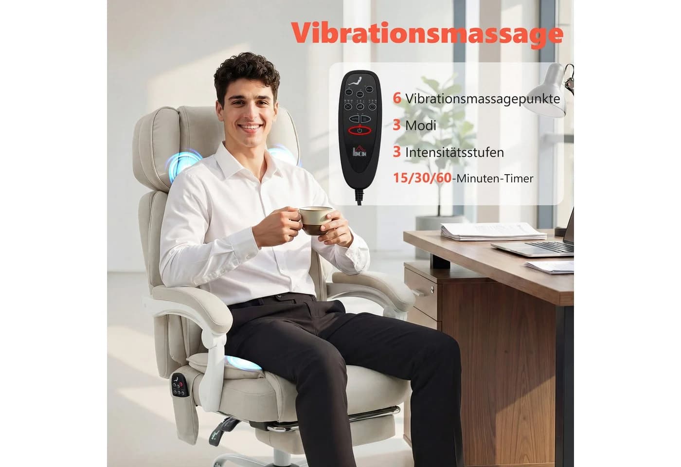 HOMCOM Schreibtischstuhl Ergonomisch Bürostuhl 6-Punkt-Massage Heizfunktion Weiß - Bild 4