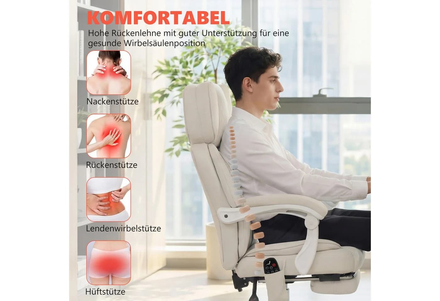HOMCOM Schreibtischstuhl Ergonomisch Bürostuhl 6-Punkt-Massage Heizfunktion Weiß - Bild 5