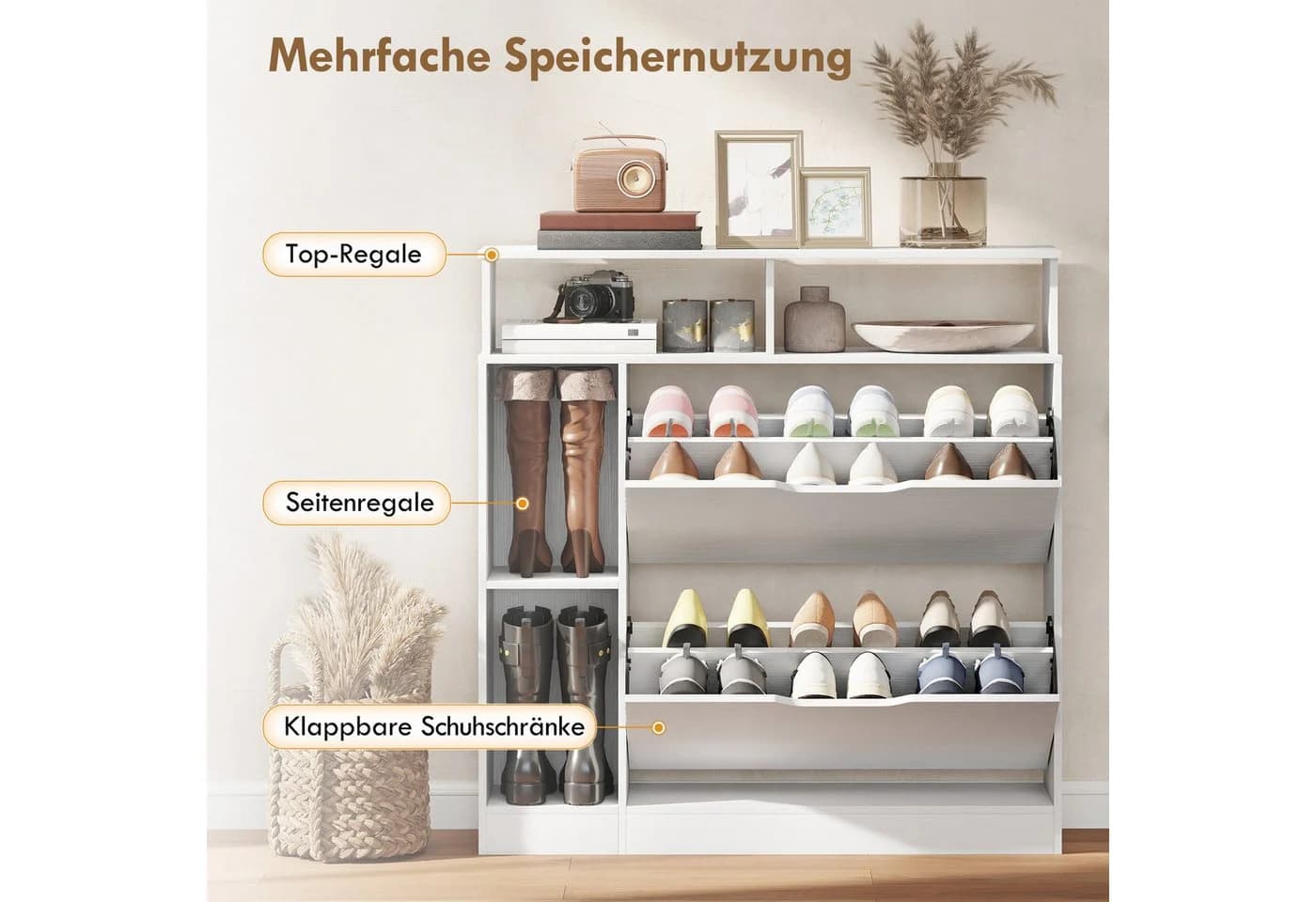 HOMCOM Schuhkipper Weiß mit 2 Klappen und verstellbaren Trennwänden - Bild 4