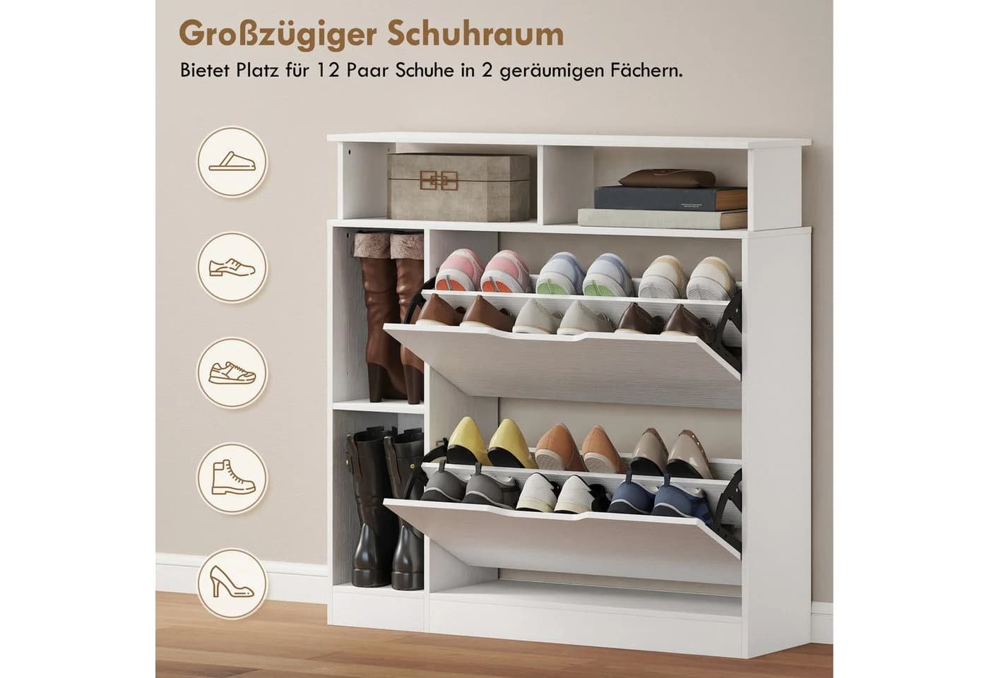 HOMCOM Schuhkipper Weiß mit 2 Klappen und verstellbaren Trennwänden - Bild 5
