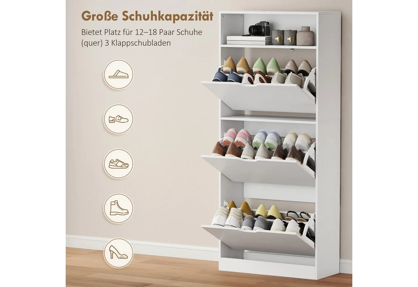 HOMCOM Schuhkipper Weiß Verstellbare Trennwand 3 Klappfächer - Bild 5