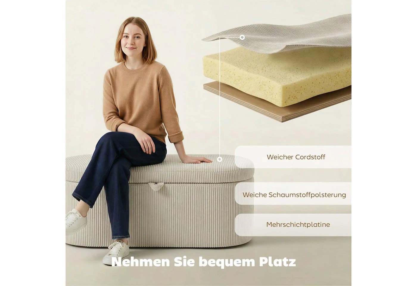HOMCOM Sitzbank Beige Cord mit Stauraum und Polsterung - Bild 5