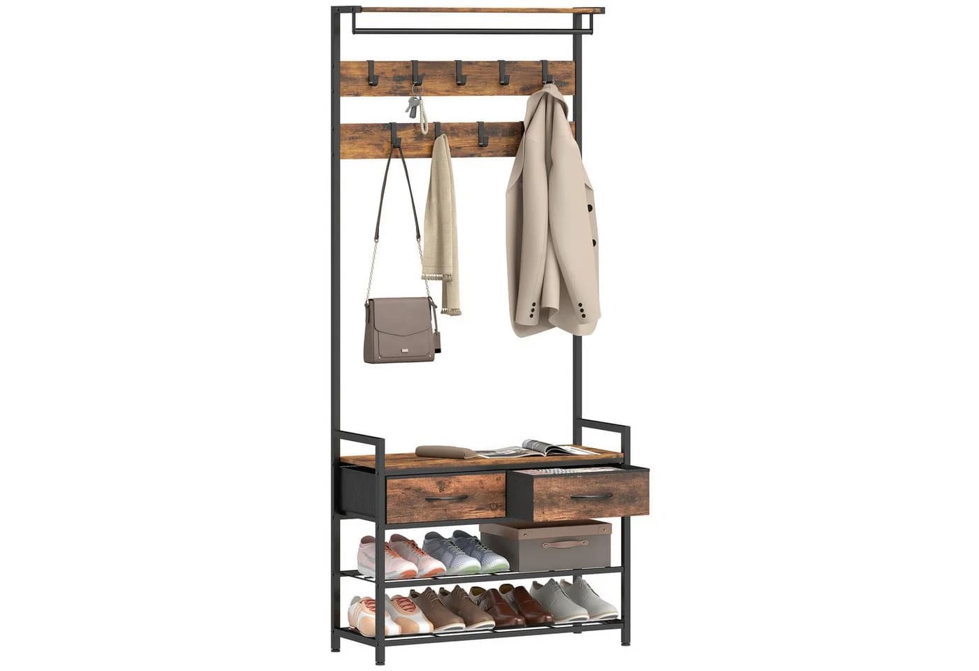 HOMCOM 5-in-1 Flurgarderobe mit Bank & Schuhregal Braun/Schwarz