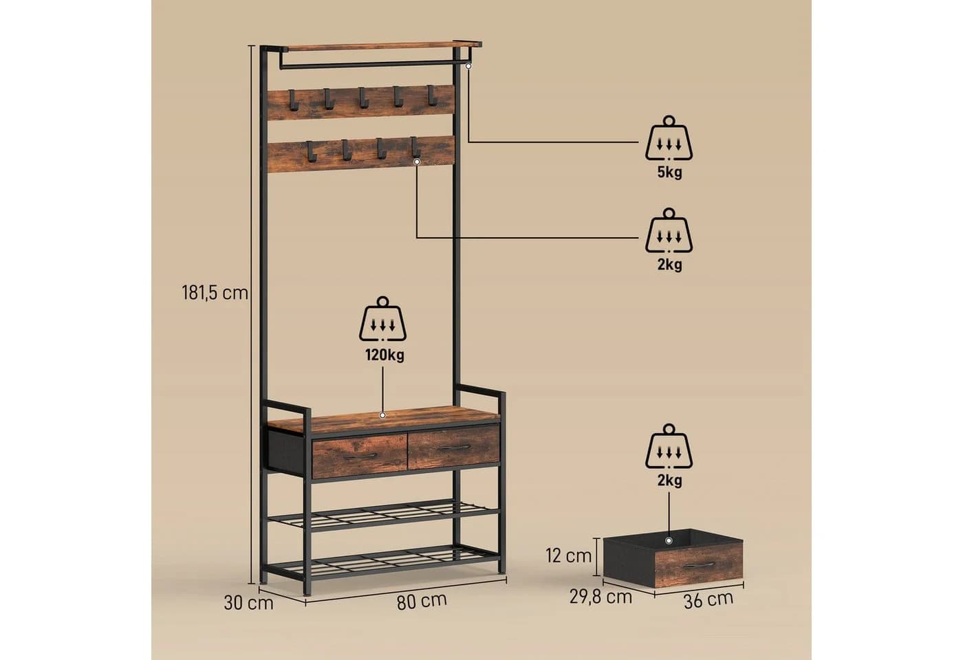 HOMCOM 5-in-1 Flurgarderobe mit Bank & Schuhregal Braun/Schwarz - Bild 3