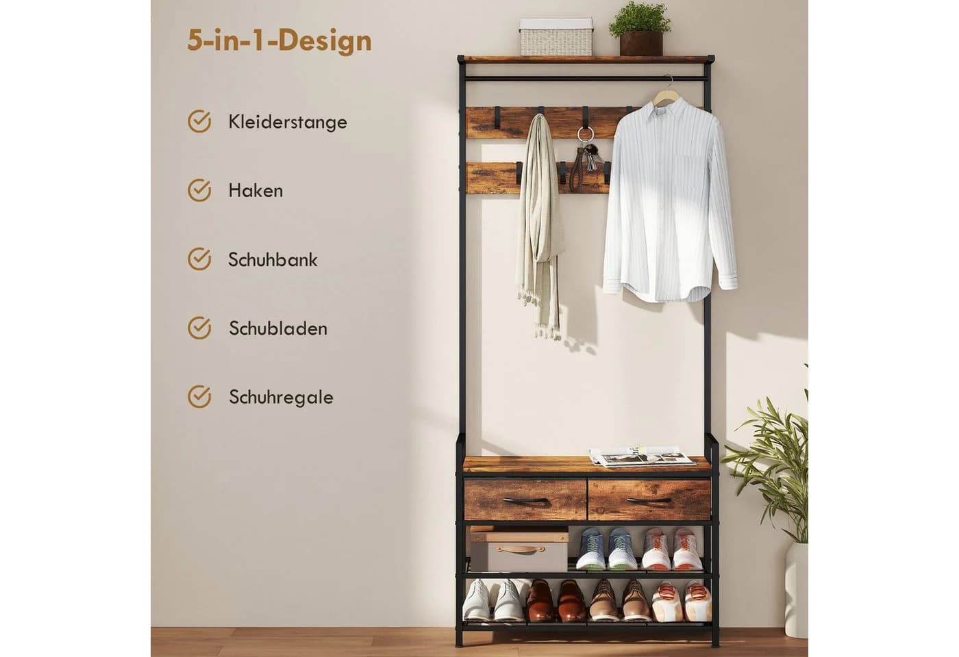 HOMCOM 5-in-1 Flurgarderobe mit Bank & Schuhregal Braun/Schwarz - Bild 4