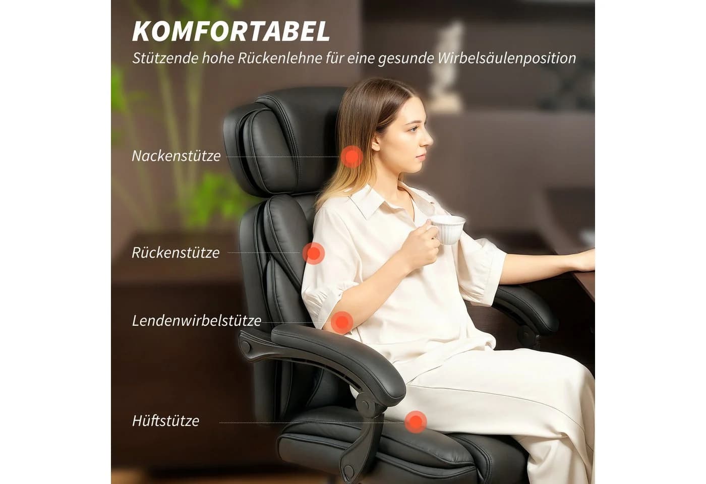 HOMCOM Schreibtischstuhl mit Fußstütze und Lendenwirbelstütze Schwarz - Bild 4