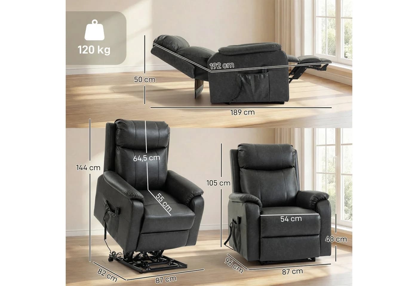 HOMCOM Relaxsessel Fernsehsessel mit Rollen, elektrisch verstellbar, Zero-Gravity-Position - Bild 3