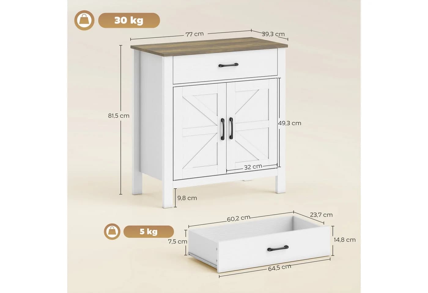 HOMCOM Sideboard Aufbewahrungsschrank Landhausstil Weiß Antikbraun - Bild 3