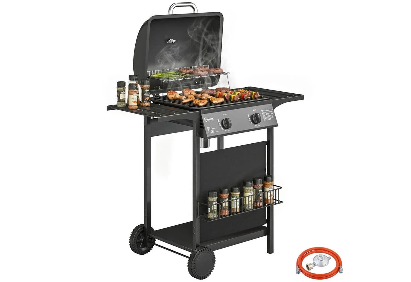 Outsunny Gasgrill mit 2 Brennern, Seitentischen und Unterkorb Schwarz