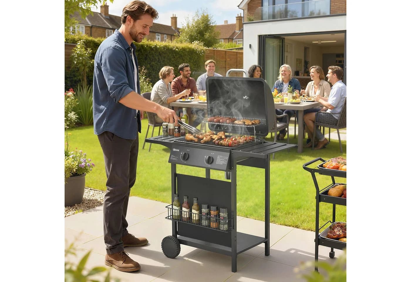 Outsunny Gasgrill mit 2 Brennern, Seitentischen und Unterkorb Schwarz - Bild 2