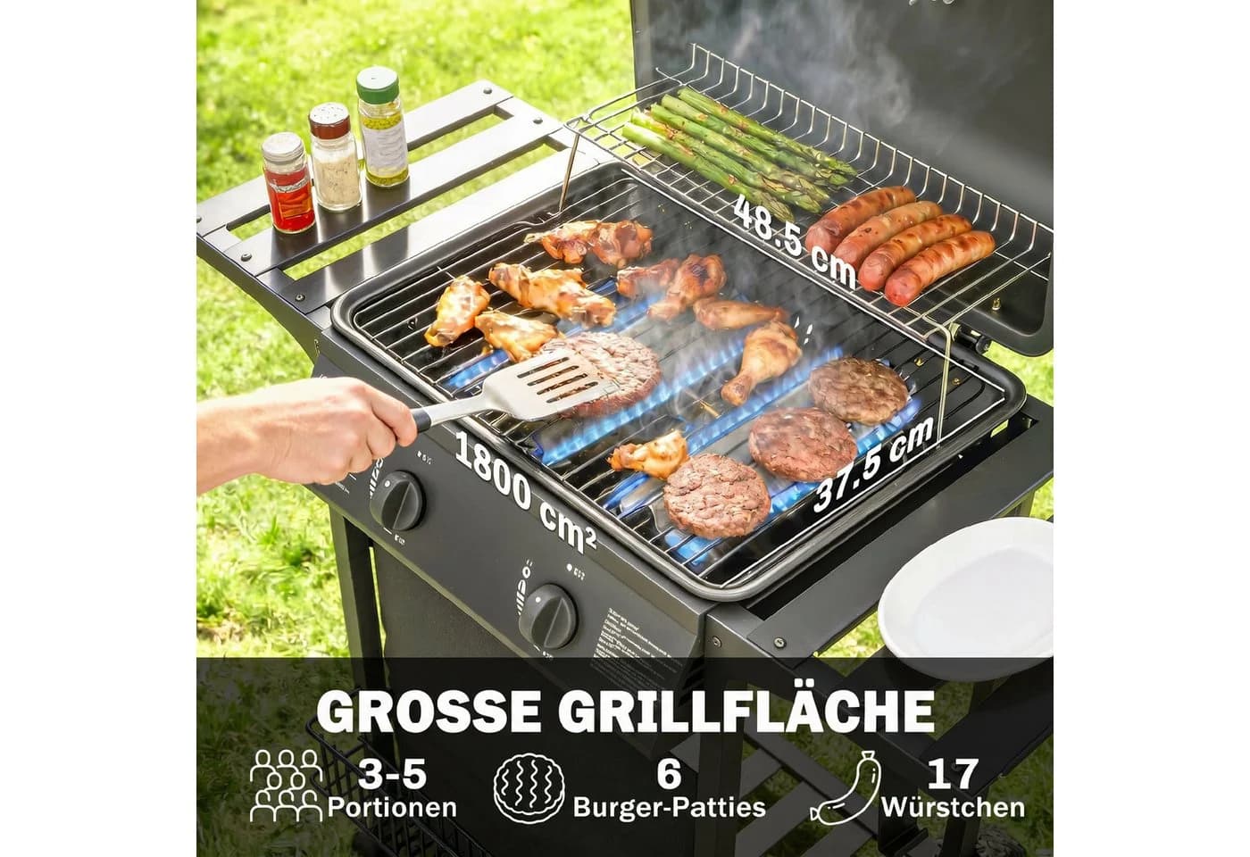 Outsunny Gasgrill mit 2 Brennern, Seitentischen und Unterkorb Schwarz - Bild 4