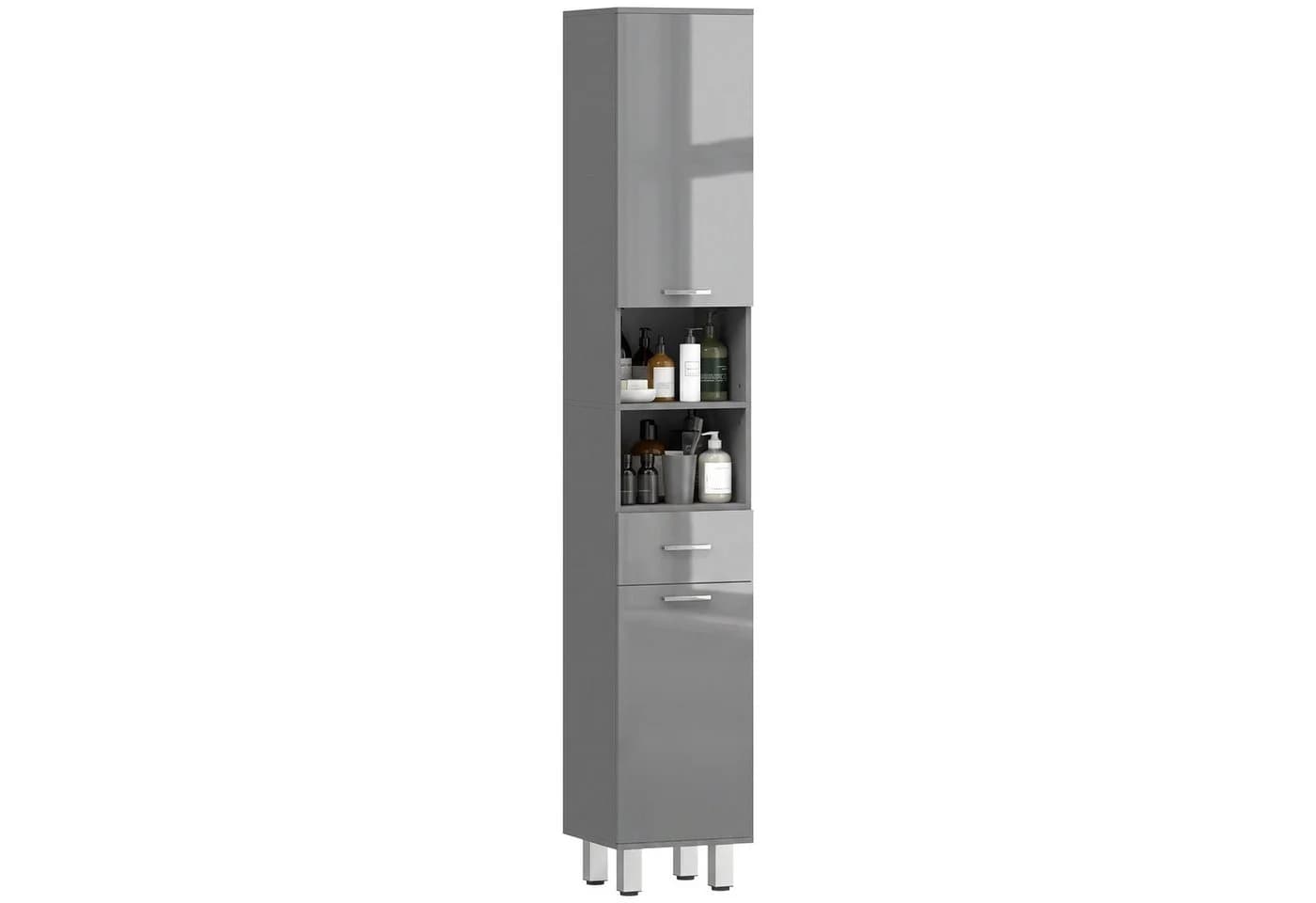 Kleankin Badkommode Hochschrank Grau mit verstellbaren Regalen