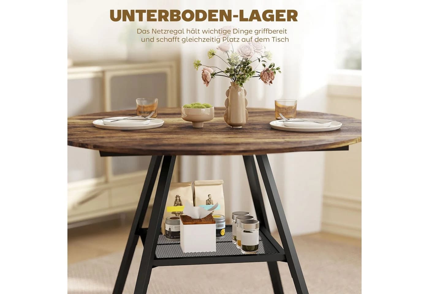HOMCOM Runder Esstisch Industriell Braun Schwarz mit Stauraum - Bild 5