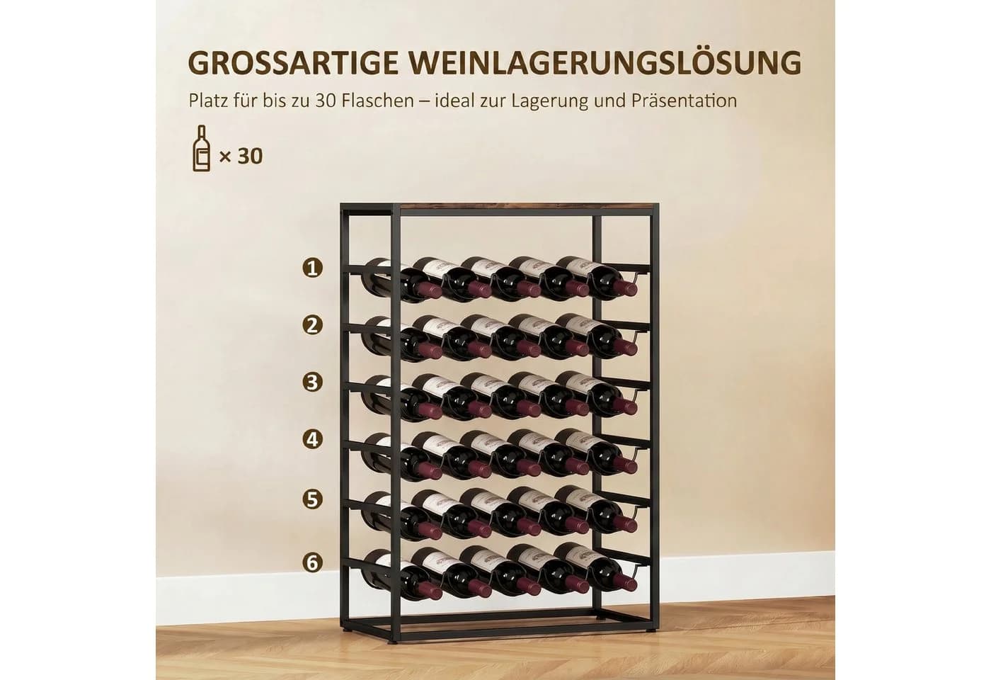 HOMCOM Weinregal 30 Flaschen Metall Rustikal-Braun - Bild 4