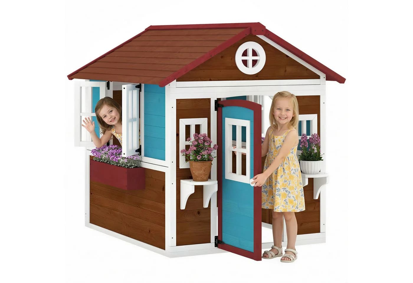 Outsunny Kinderspielhaus aus Holz mit Blumenkästen und Retro-Fenster Dunkelbraun