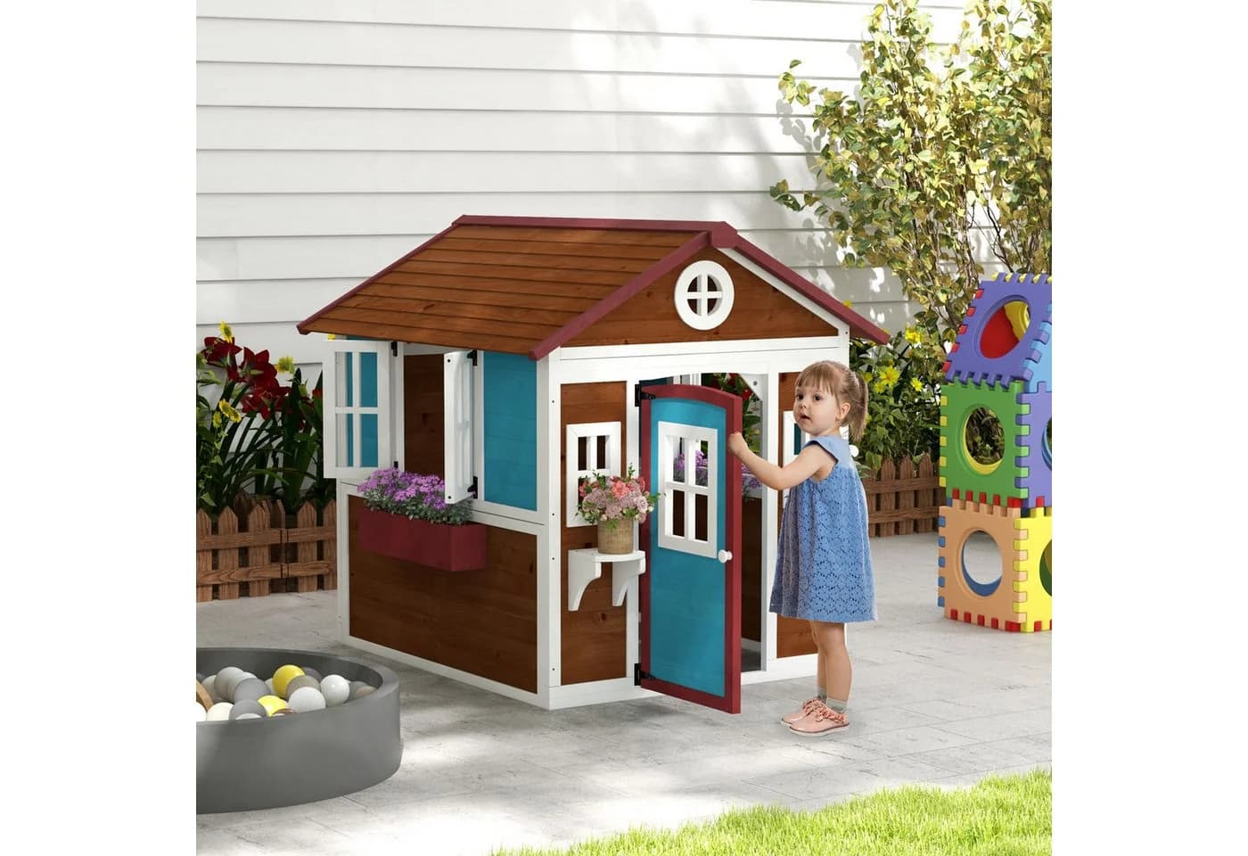 Outsunny Kinderspielhaus aus Holz mit Blumenkästen und Retro-Fenster Dunkelbraun - Bild 2