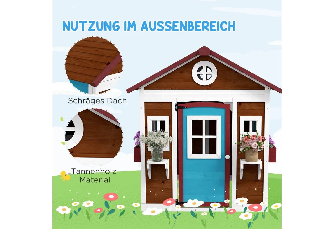 Outsunny Kinderspielhaus aus Holz mit Blumenkästen und Retro-Fenster Dunkelbraun - Bild 5