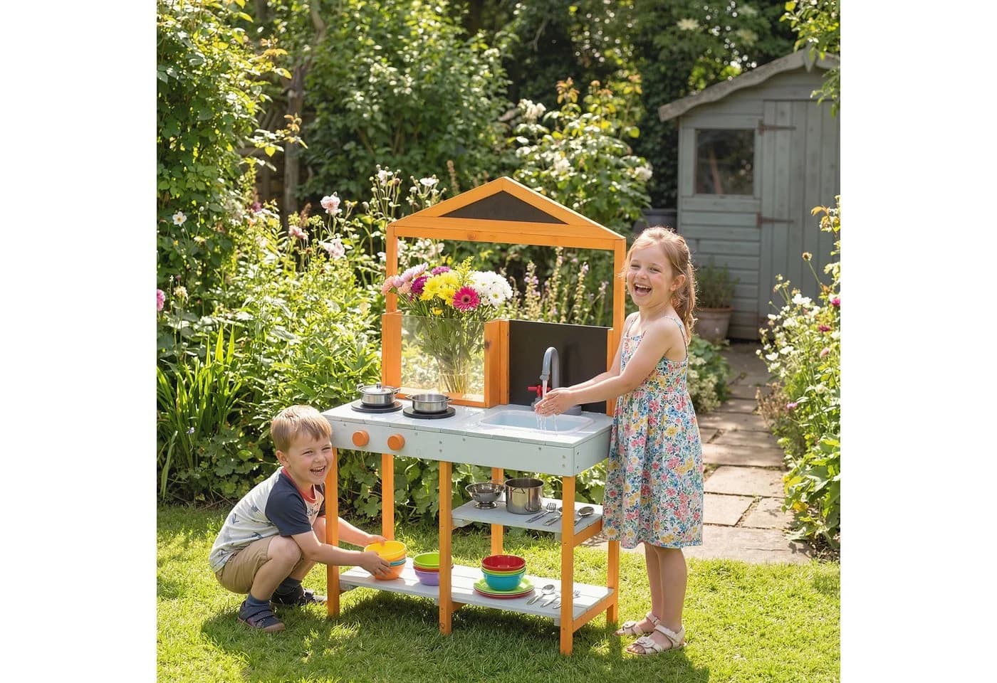 AIYAPLAY Outdoor-Spielküche Matschküche Tannenholz Hellblau mit Herd - Bild 2