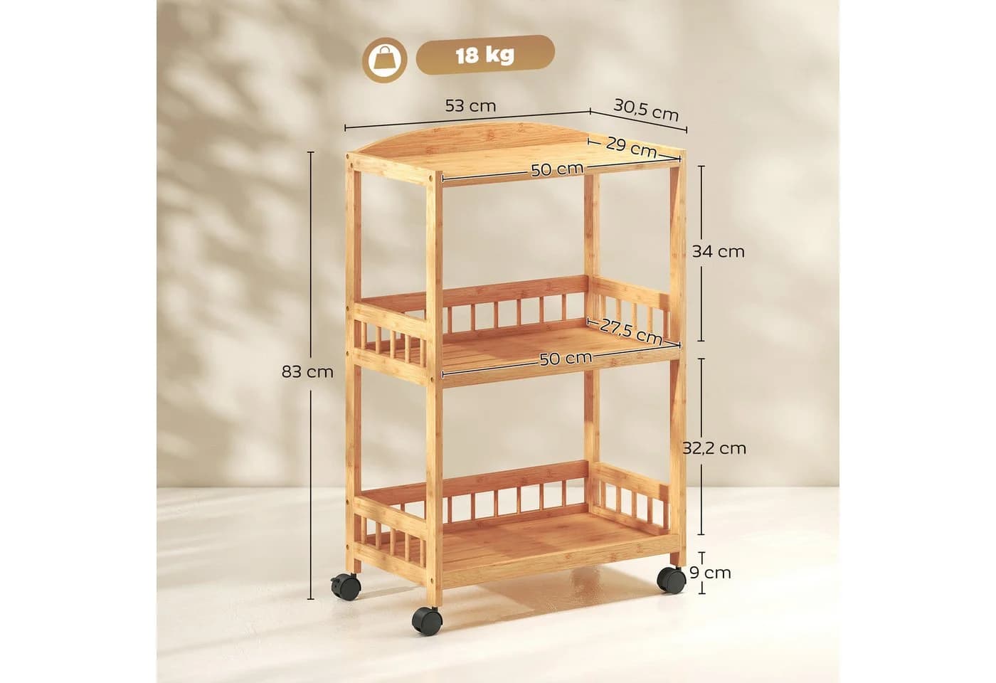 HOMCOM Küchenwagen Bambus 3 Ebenen mit Rollen Naturholz - Bild 3