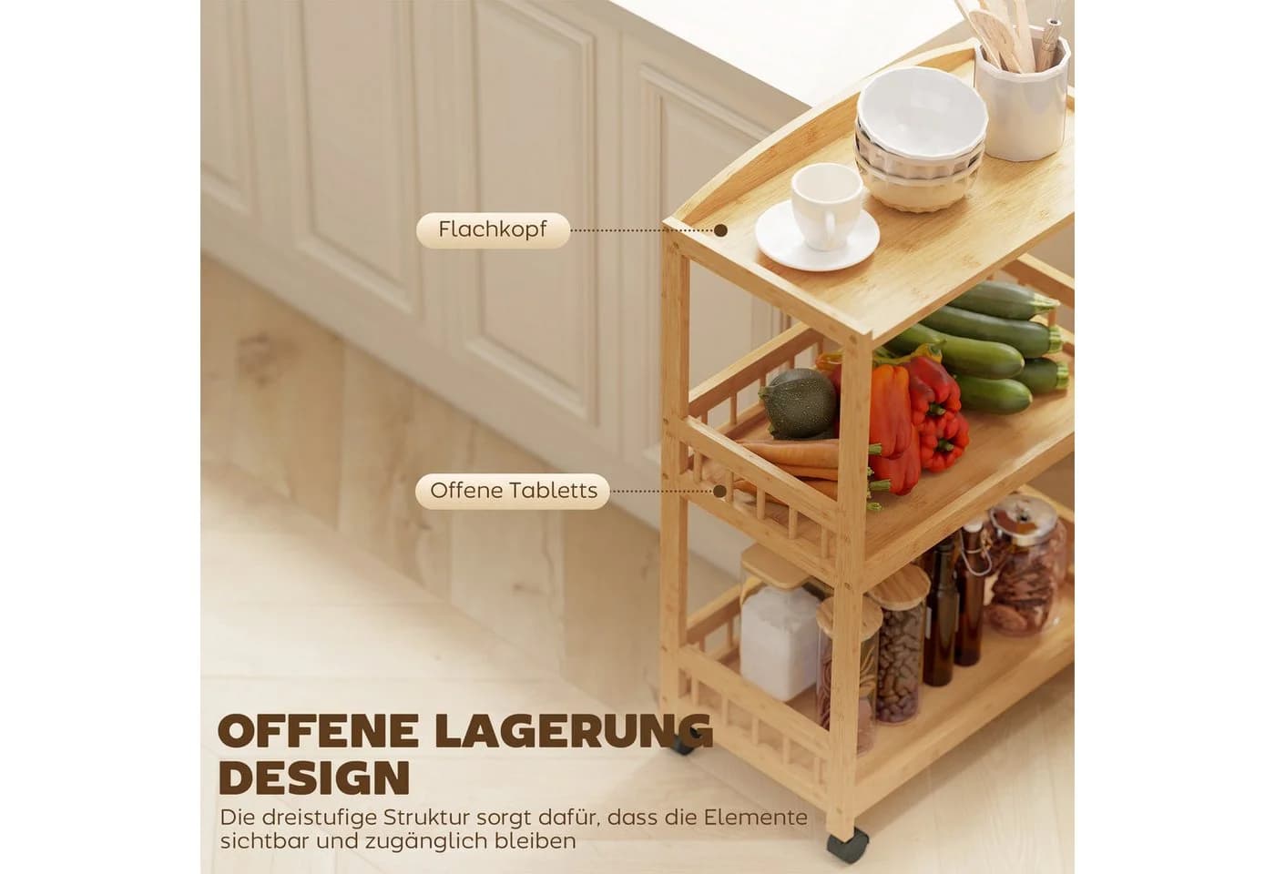 HOMCOM Küchenwagen Bambus 3 Ebenen mit Rollen Naturholz - Bild 4